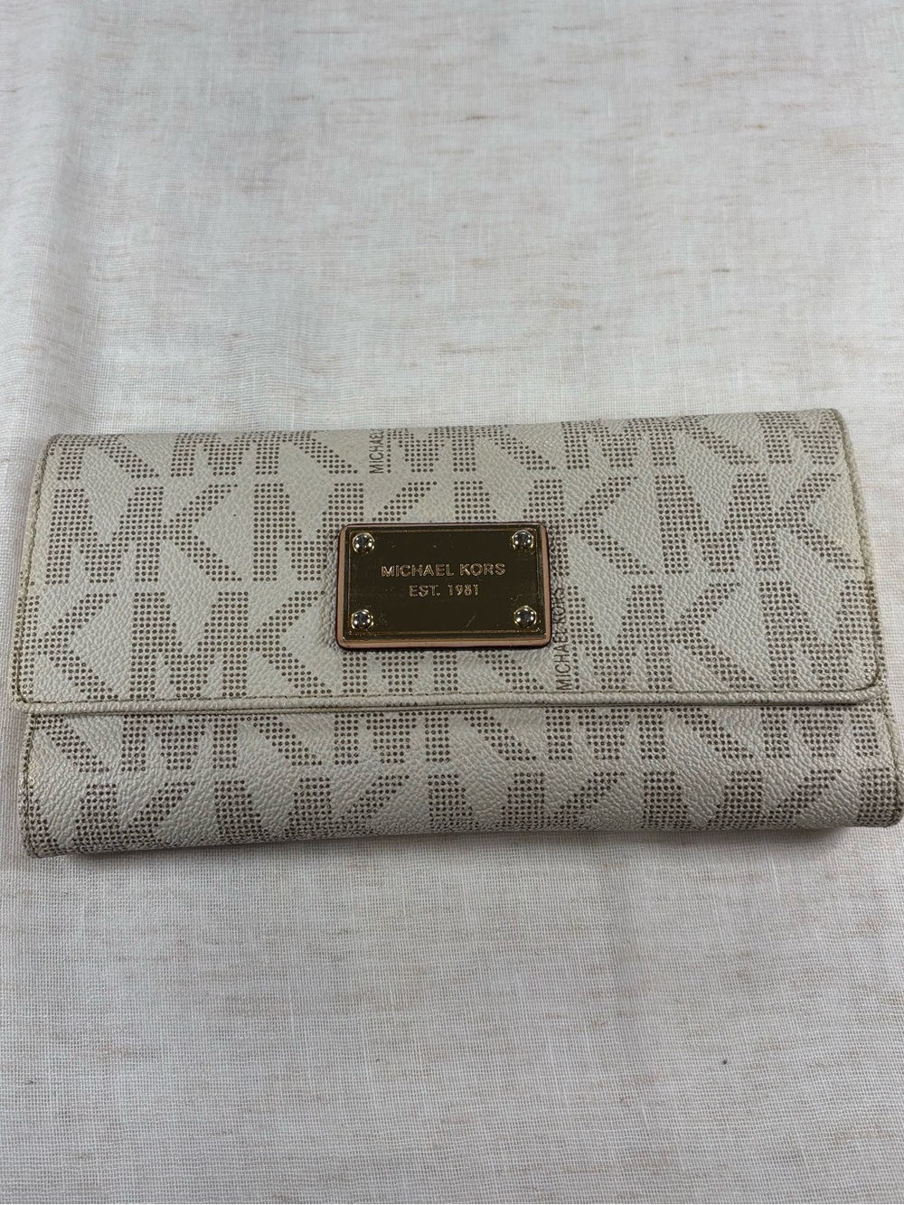 Michael Kors Neutral MK Logo Continental Wallet with Gold Plaque